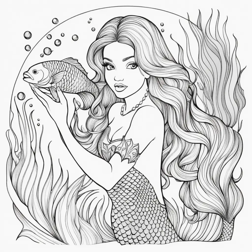 adult coloring page, mermaid holding a fish, white background