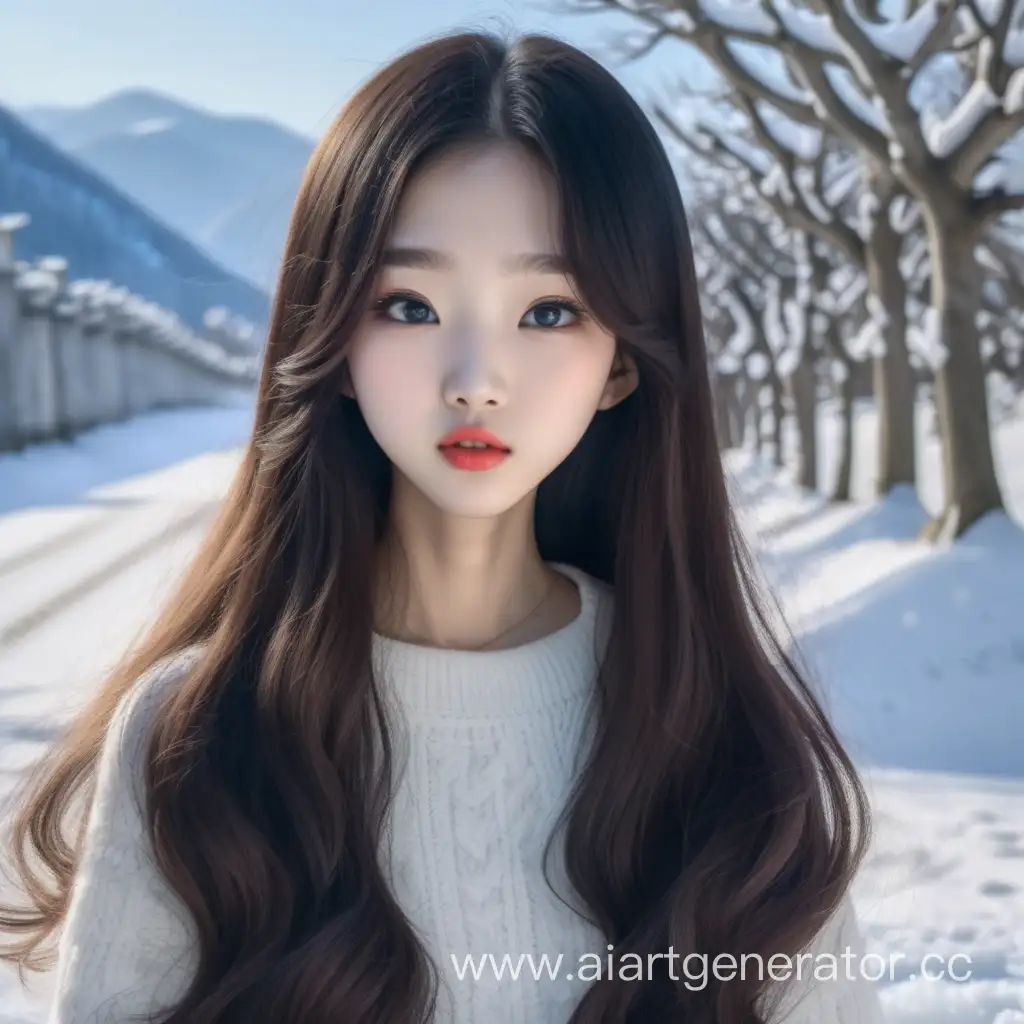 Худая девушка кореянка, с темными длинными волосами, белоснежная кожа, губы в форме сердца лицо в образной формы, волосы слегка завиты милая