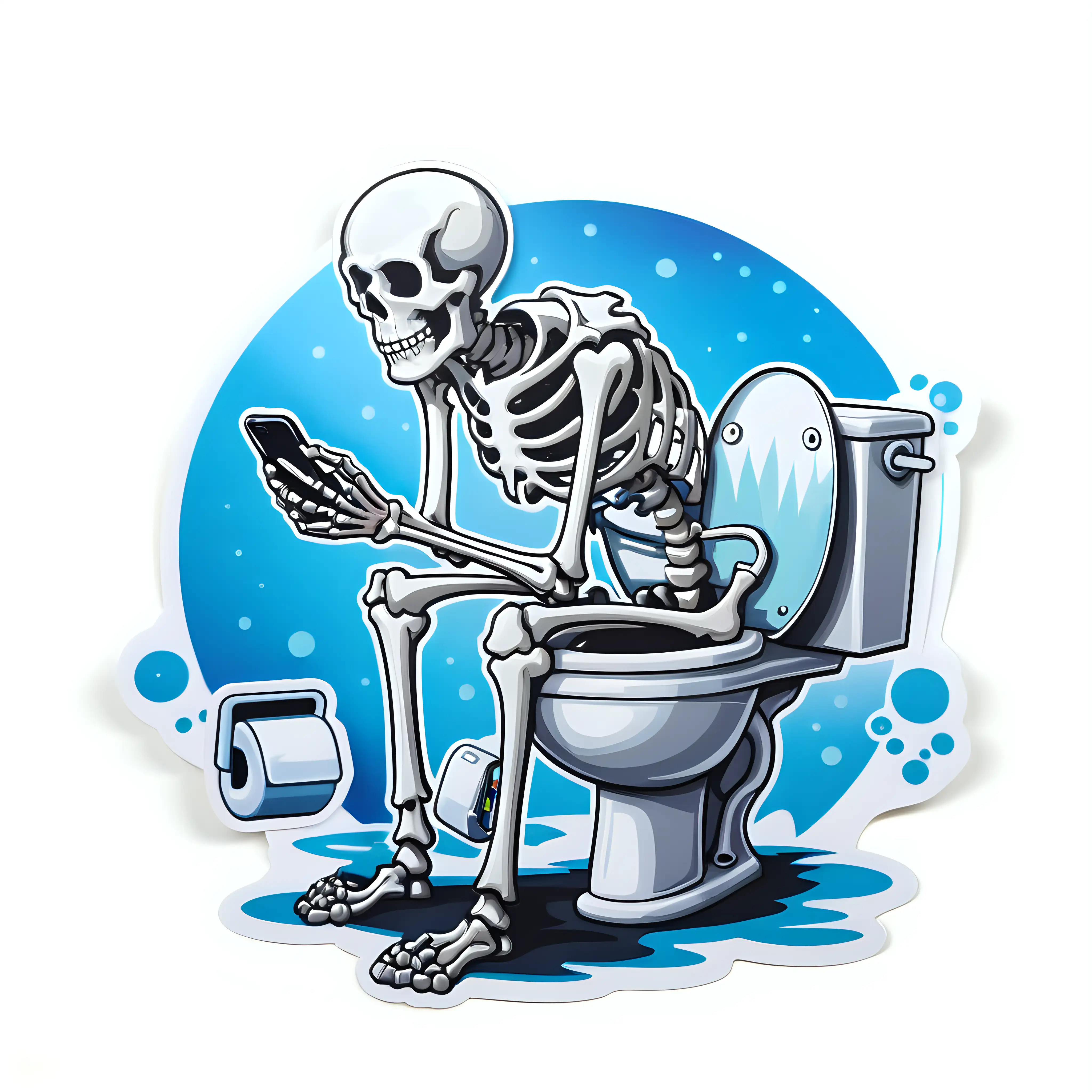die cut sticker, skeleton on a toilet holding a smartphone