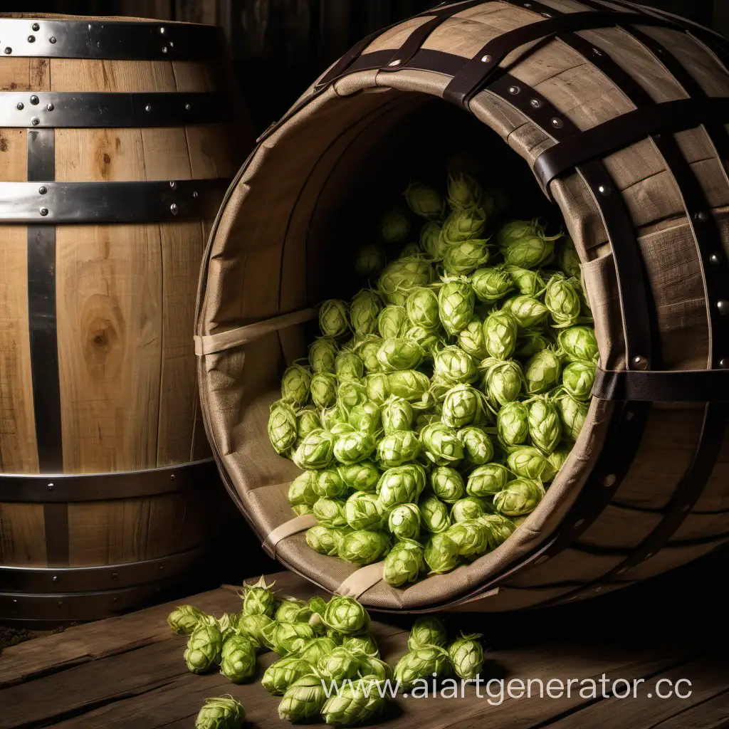 Rustic-Cellar-with-Open-Bag-of-Hops-and-Wooden-Barrels