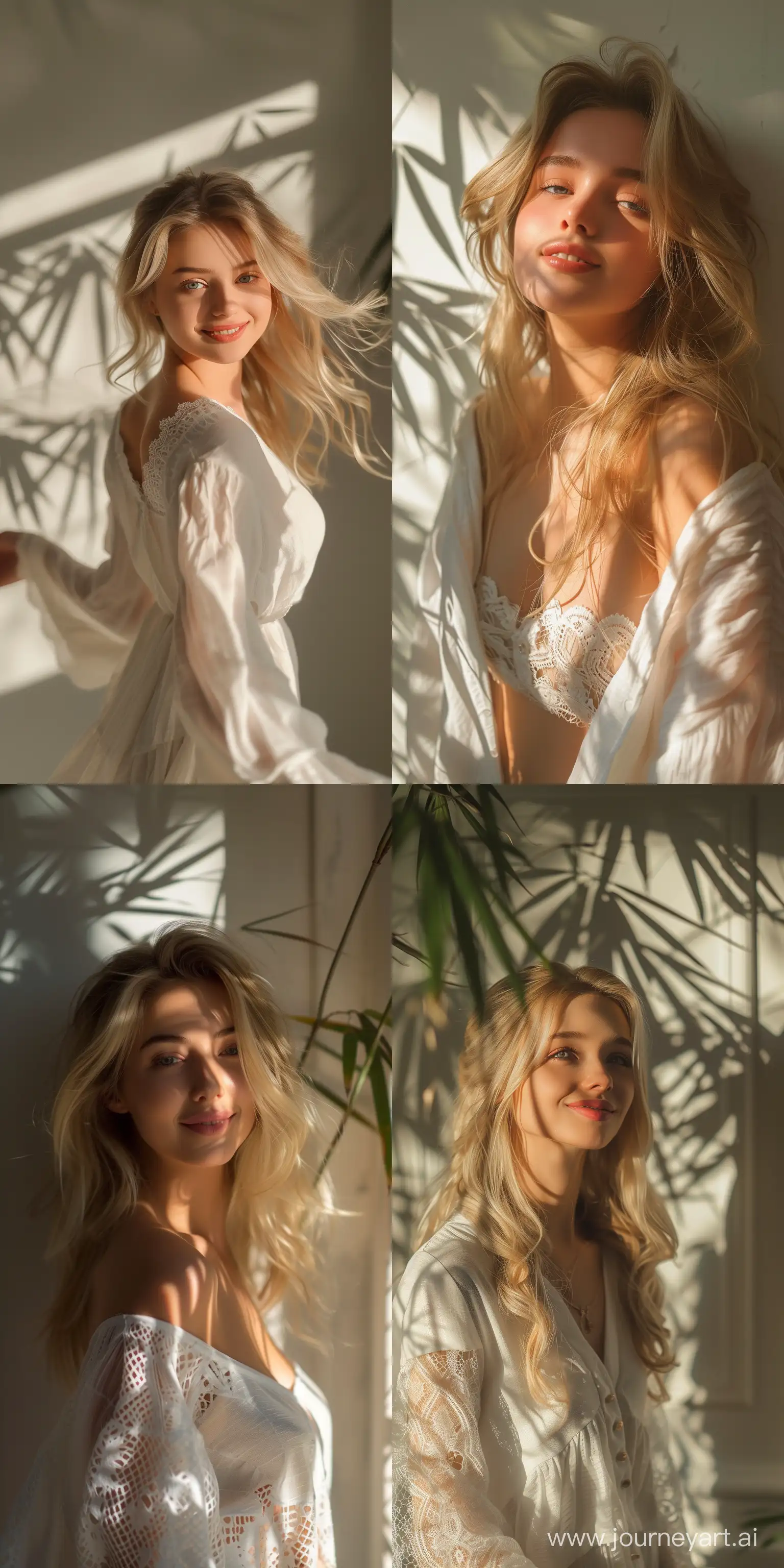 beautiful blonde girl, face detail,smile,white rob ,dance ,light on body ,The shadow of bamboo on the wall, medium shot,real photo,high quality details, 8K --ar 1:2 --style raw --stylize 250 --v 6