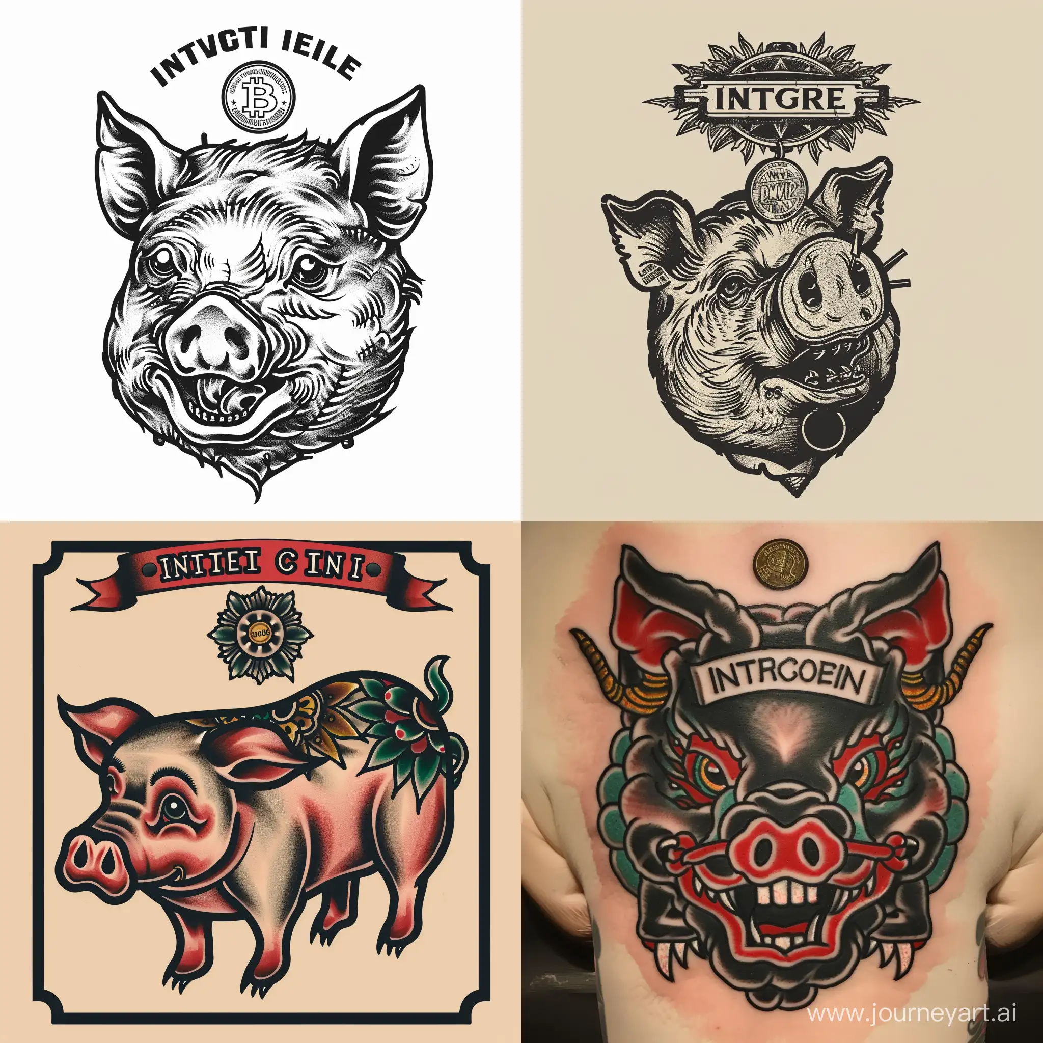 антропоморфная панк-свинья копилка, а сверху надпись "insert coin" в стиле традиционной татуировки