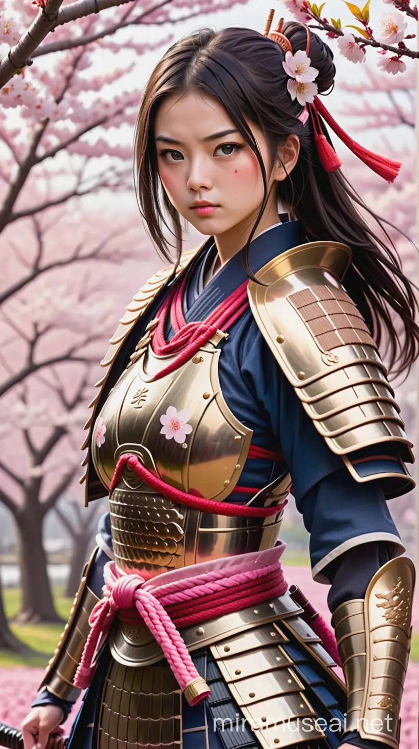Samurai Girl: A fierce warrior girl clad in traditional samurai armor, standing against a backdrop of swirling cherry blossoms or a battlefield.