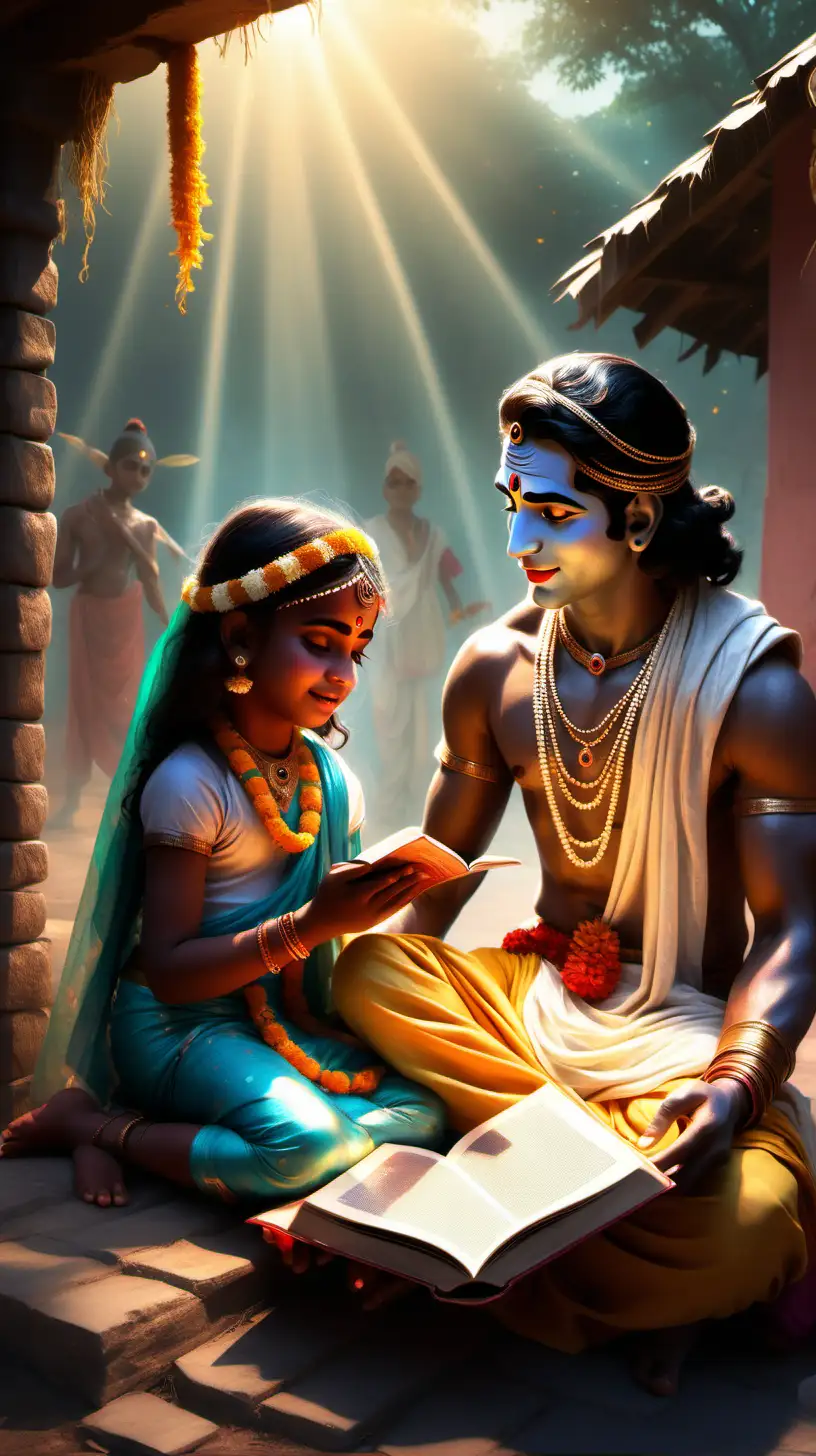 Handsome Lord Shree Krishna giving ashirvaad  to a poor Indian village small girl who is reading book in the light   in a fantasy world  in Disney style