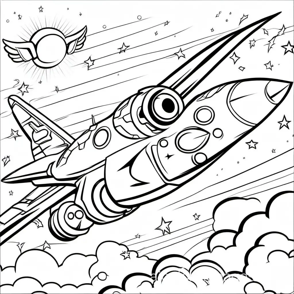 Hero in the sky, Coloring Page, black and white, line art, white background, Simplicity, Ample White Space. The background of the coloring page is plain white to make it easy for young children to color within the lines. The outlines of all the subjects are easy to distinguish, making it simple for kids to color without too much difficulty