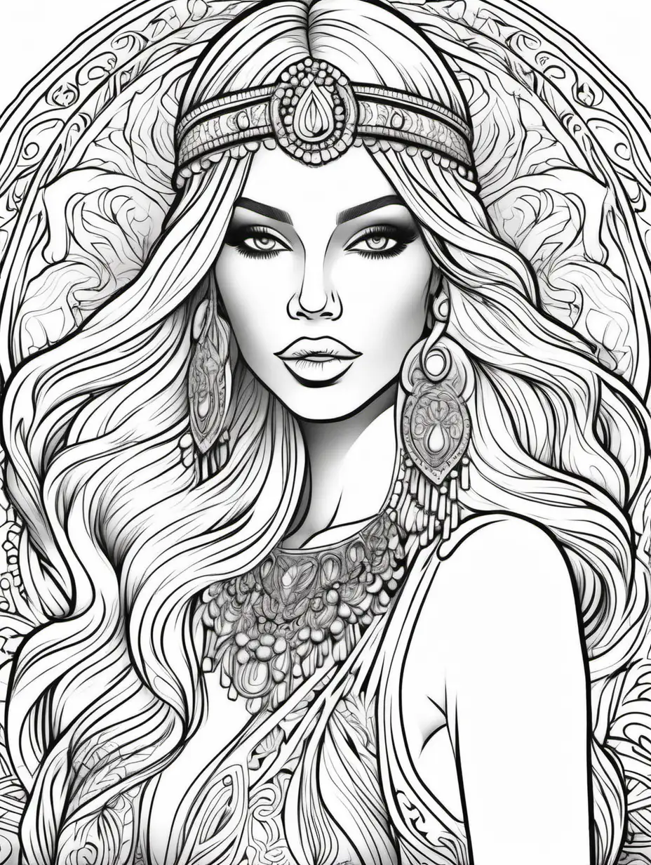 create a tall coloring page of a glamorous curvy bohemian flamboyant woman, blond straight hair, face only, black outlines, no shades, no shading, no grayscale