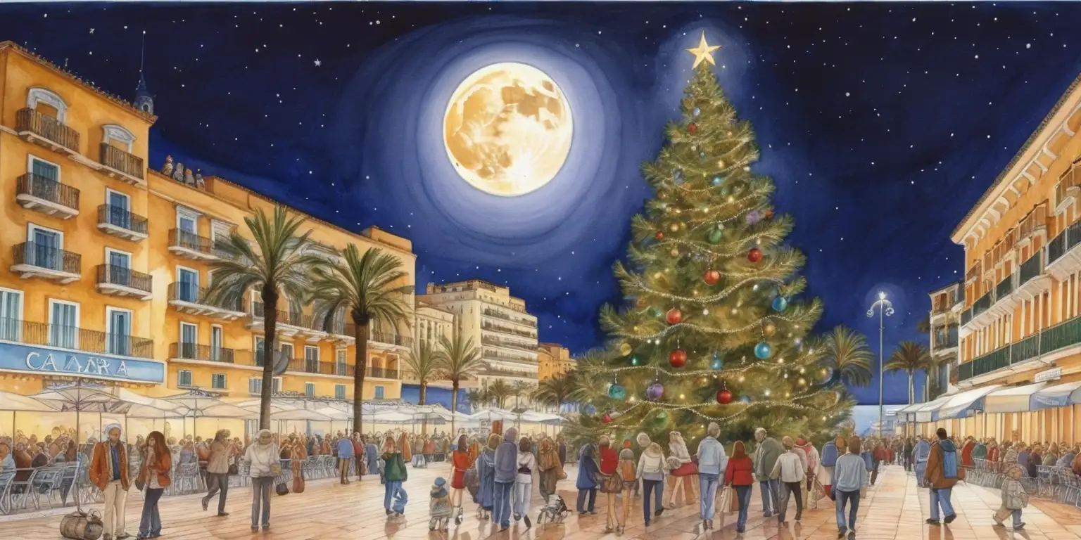 Enchanting Christmas Night on Malaga Seafront with Milo Manara Style