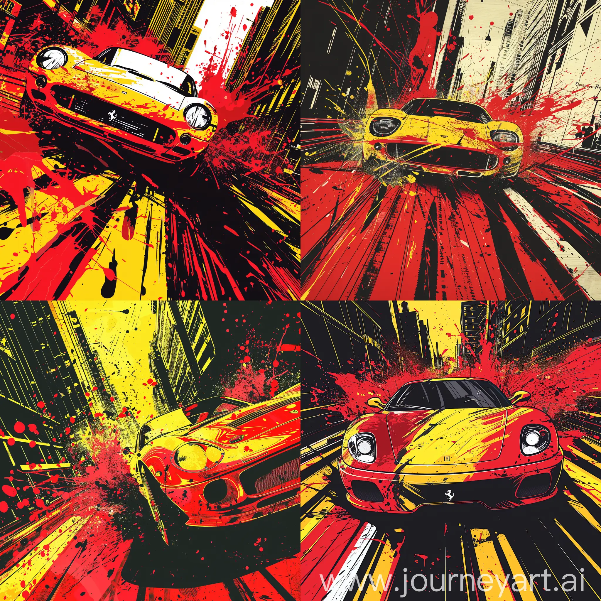 A Retro Pop art style of extreme close up of front view grand turismo classical racing moment in the middle of city, red and yellow,splash ink , drift cornering, classical marvel art,pop art digital,Adrenaline moment