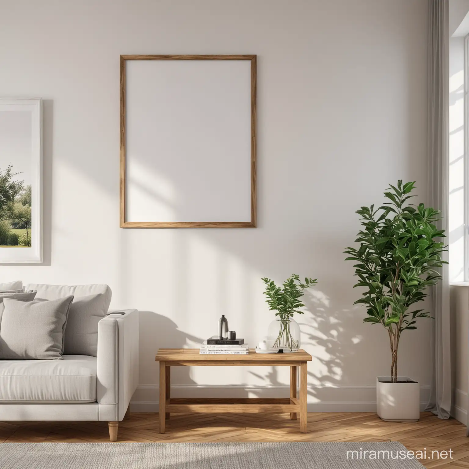 wooden poster white blank frame mockup, reflection, shadow overlay, cozy living room, farmhouse stlyle, warm room, 4K, exclude random objects