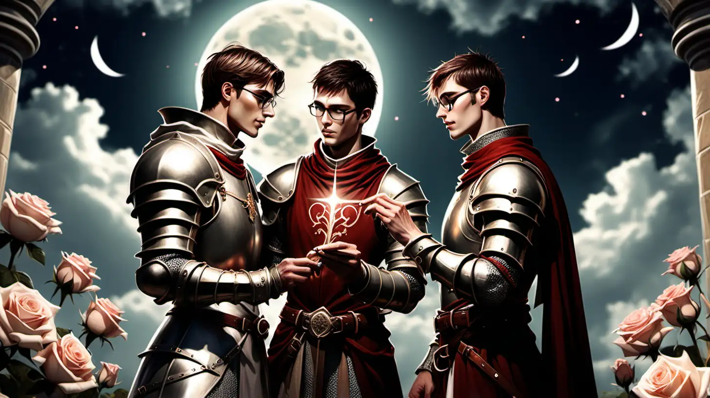  a handsome tall male knight exchanging wedding ring with his short mage boyfriend before battle short hair glasses rose garden height difference realistic full moon clouds