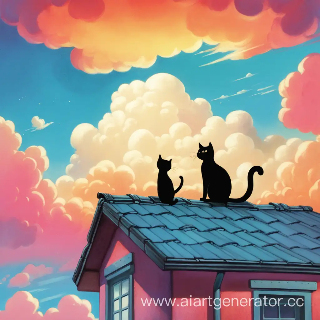 Мультяшная атмосферная картинка, в ярких цветах человек на краю крыши, облаке в виде кота
