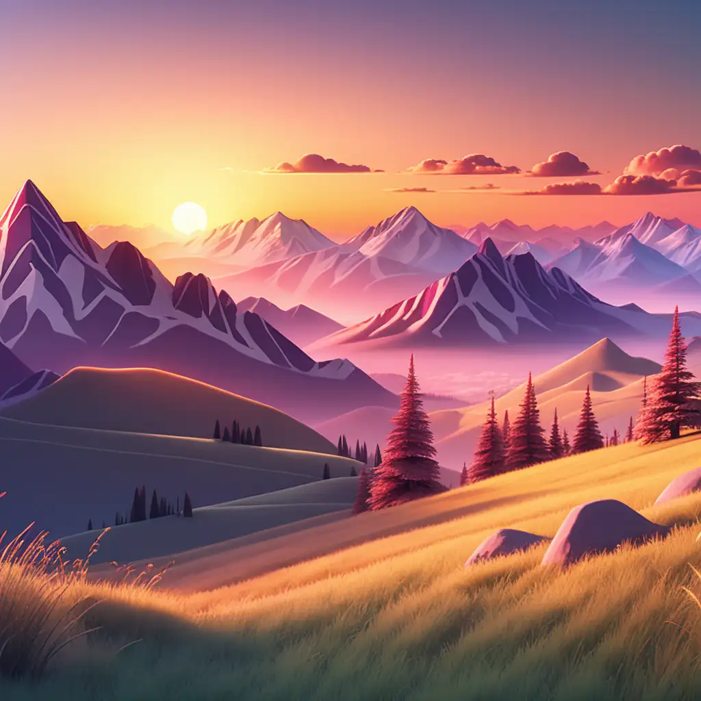 Create a 3D illustrator of an animated scene of a beautiful sunset in a landscape on a mountain range. Beautiful and spirited background illustrations.