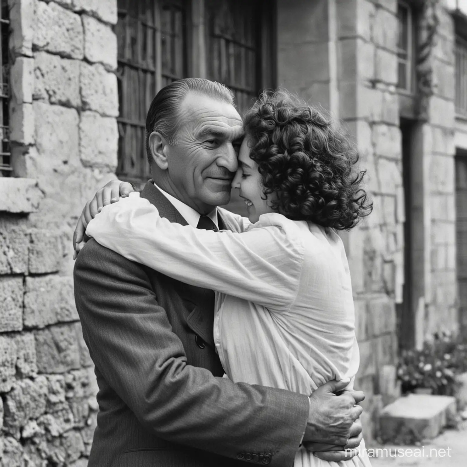 Mustafa Kemal Atatürk hugs a young Turkish woman with curly hair, they are in front of a house. They are happy. 