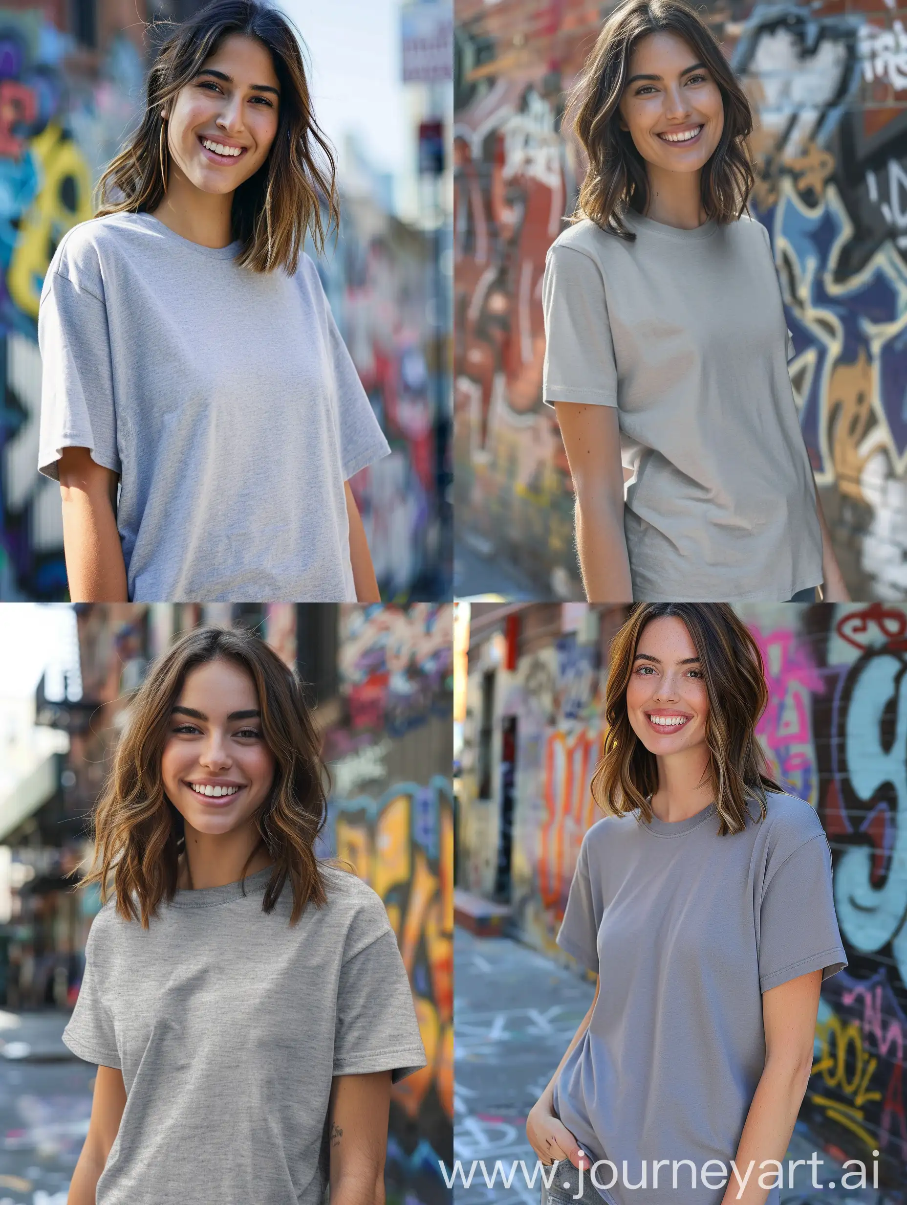 showing head to thigh, a 22 year old woman with shoulder length, brown hair, smiling at the camera, wearing a blank heatther grey snug and loose Bella Canvas 3001 t-shirt with no design, the bowery wall with graffiti in new york city in background