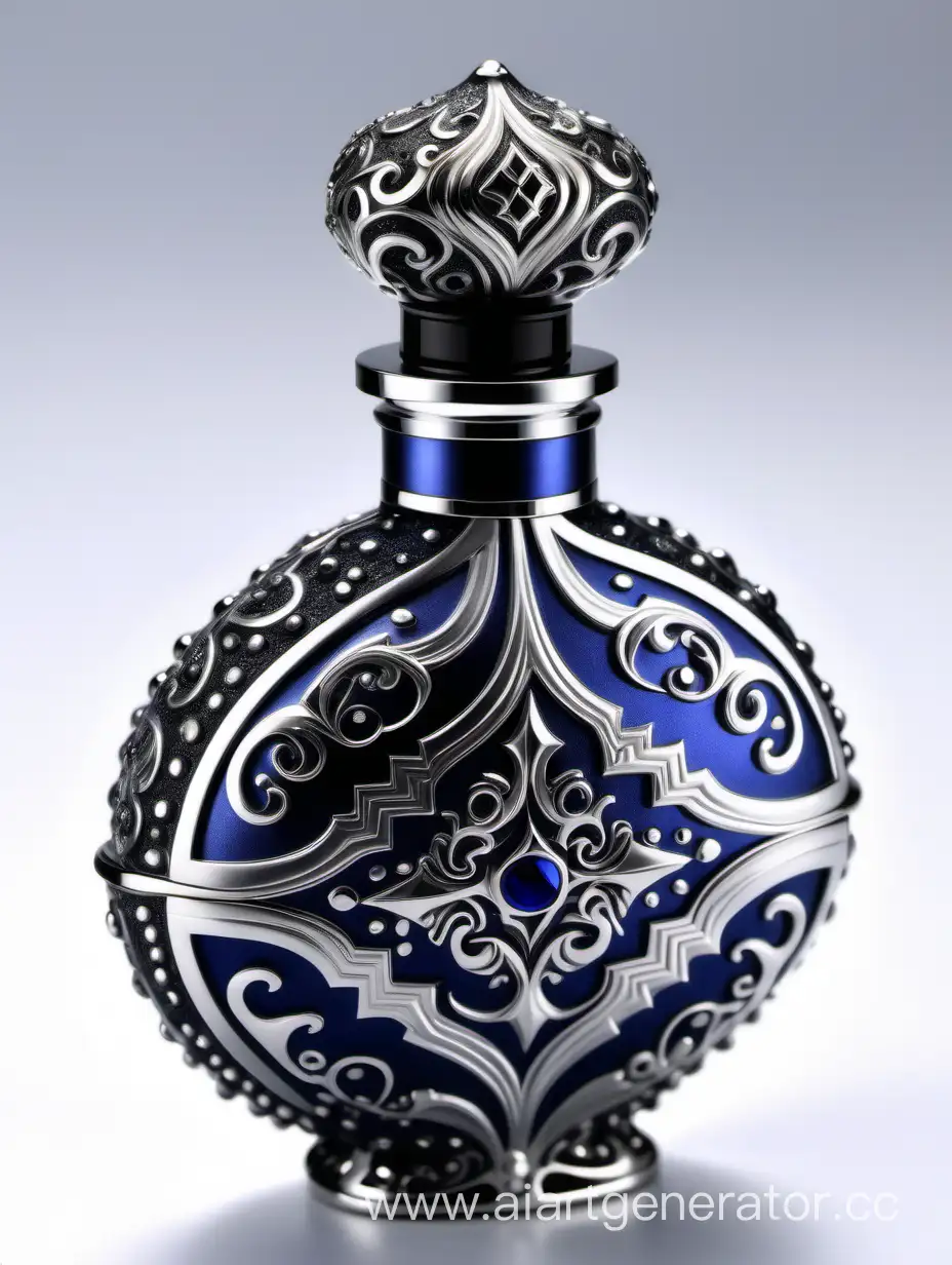 Incredibly detailed, elaborate, embellished potion bottle containing the elixir of life decorative ornamental Zamac Perfume cap, and bottle Dark blue, silver color with dark black square arabesque pattern shaped | metallizing finish