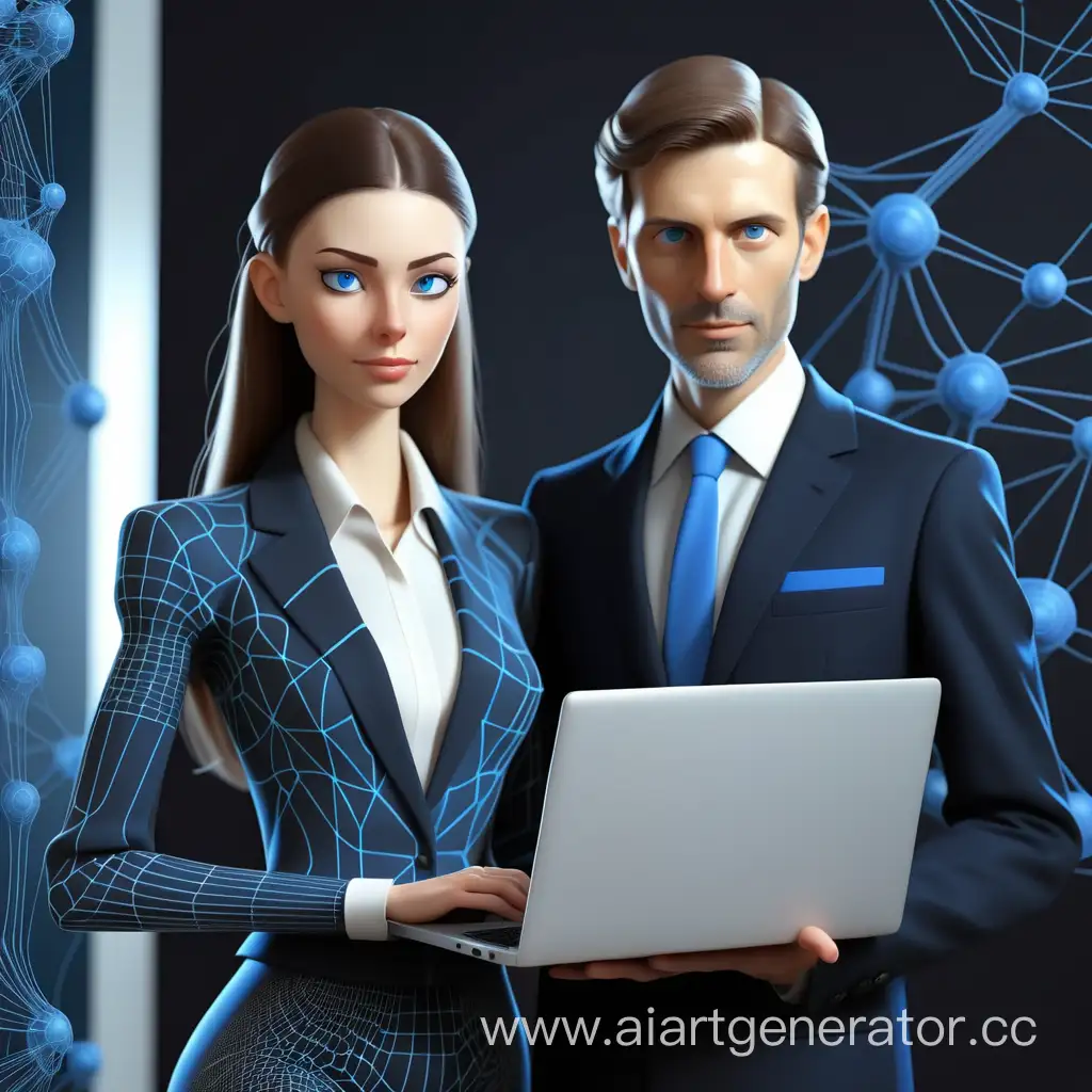 Бизнес-леди в голубом держит в руках ноутбук, рядом мужчина в черном классическом костюме созданным  из нейросетей и компьютерных технологий