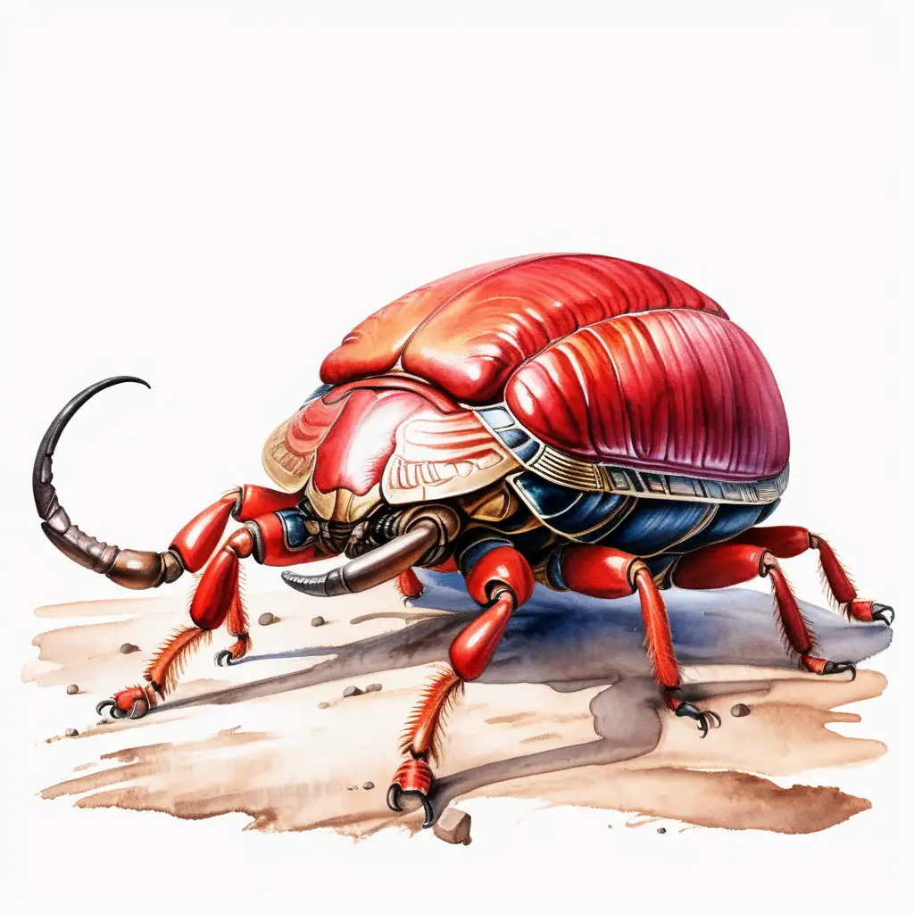 giant red scarab crawling on the ground, dark watercolor drawing, no background