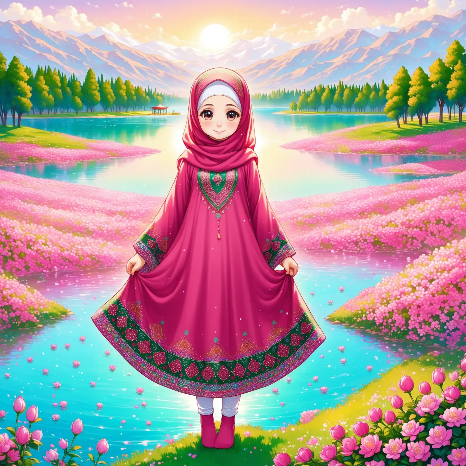 Persian little girl(full height, Muslim, with emphasis no hair out of veil(Hijab), small eyes, bigger nose, white skin, cute, smiling, wearing socks, clothes full of Persian designs).
Atmosphere full of many pink flowers, lake, spring, big flag of Iran.