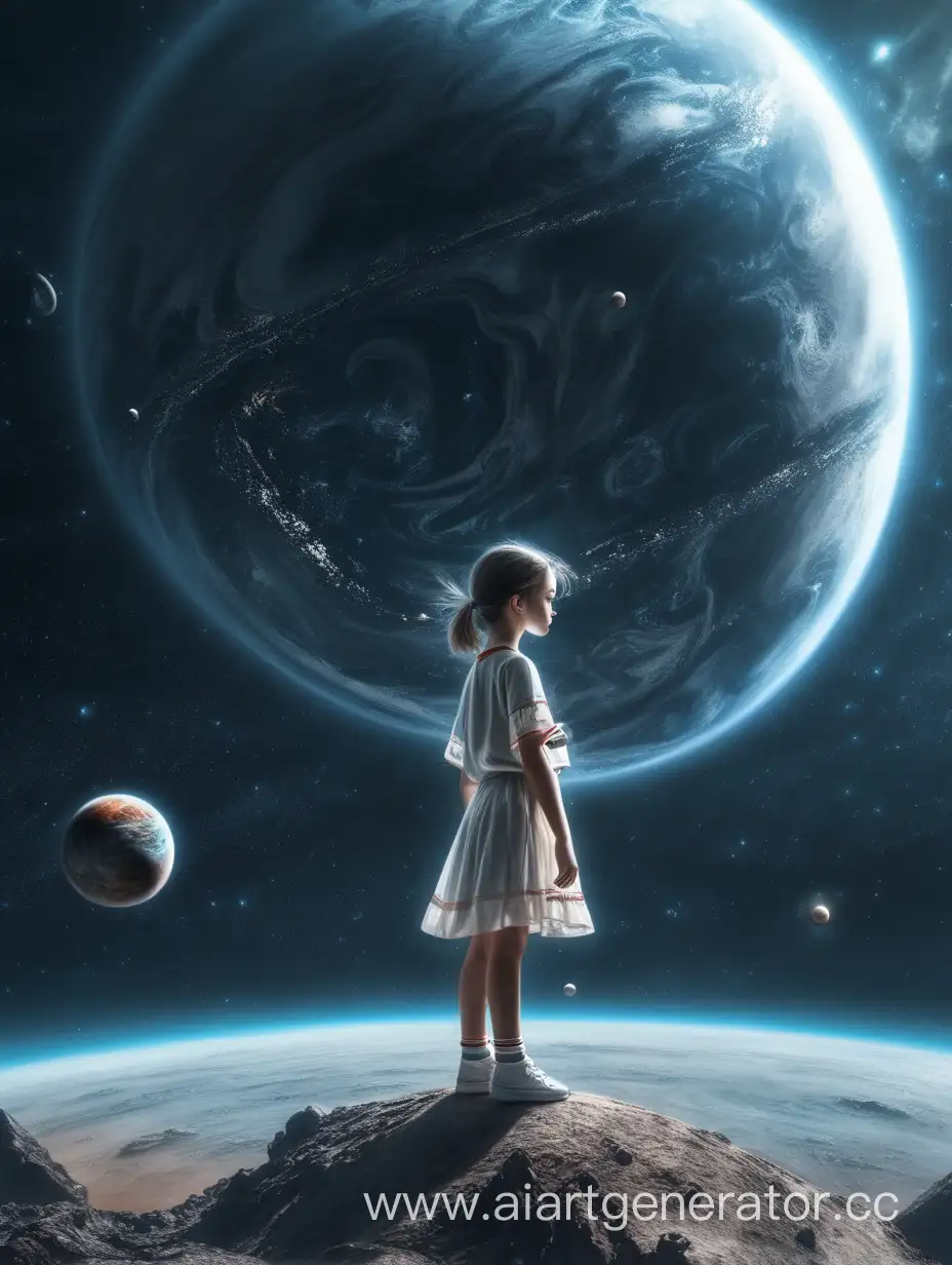 девушка стоит на планете в космосе
