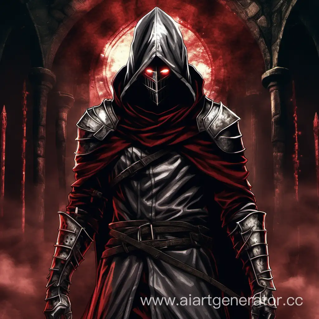  мужчина в капюшоне с маской с тёмно-серебряной одеждой тёмно-красными лоскутами ткани в середине, с круглой тёмно-красной аурой позади dark souls style 