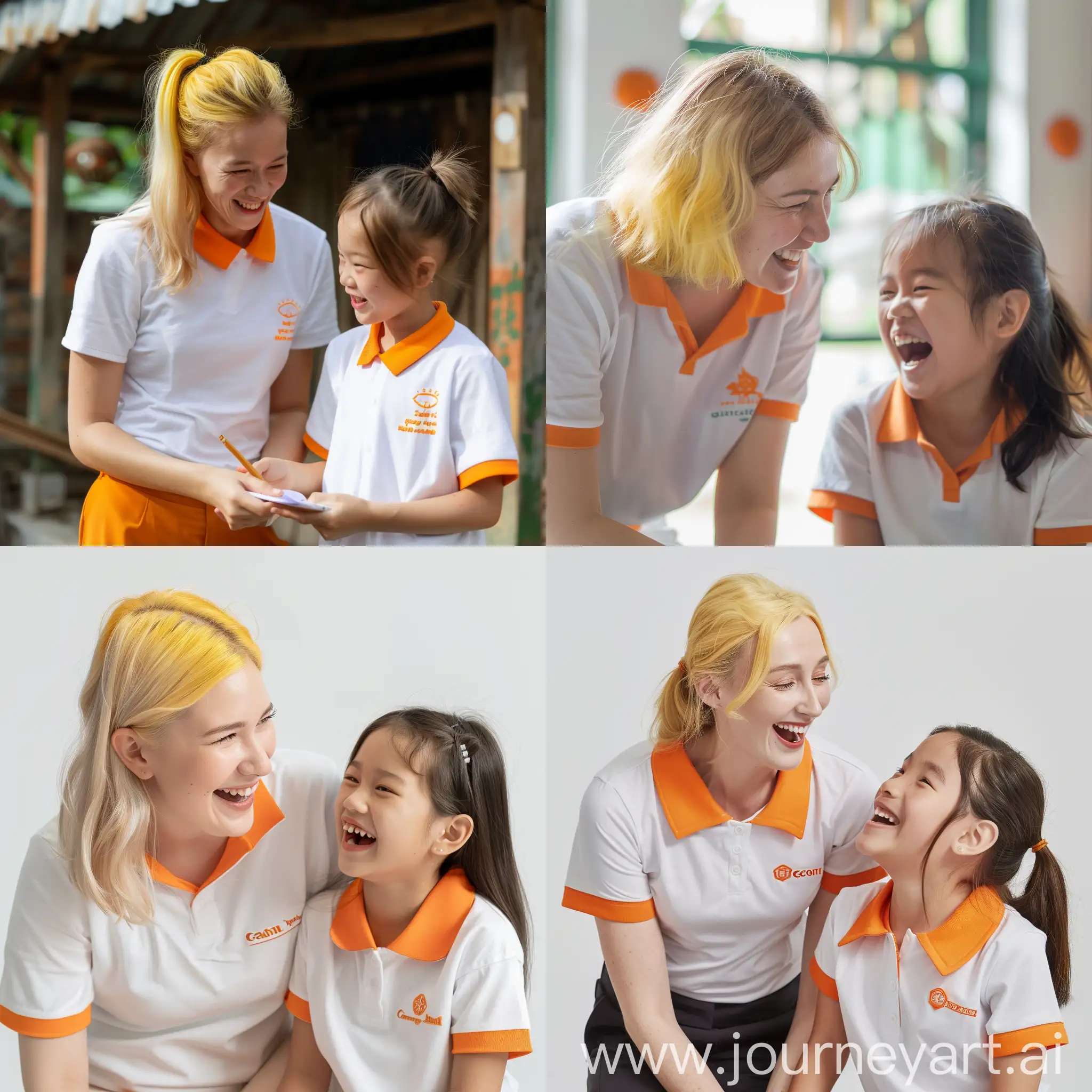 A British female teacher yellow hair is teaching a 10-year-old Vietnamese girl English. The two of them are very happy and excited. 2 people wore white T-shirts with orange collars, photographic, canon 3D, realitics