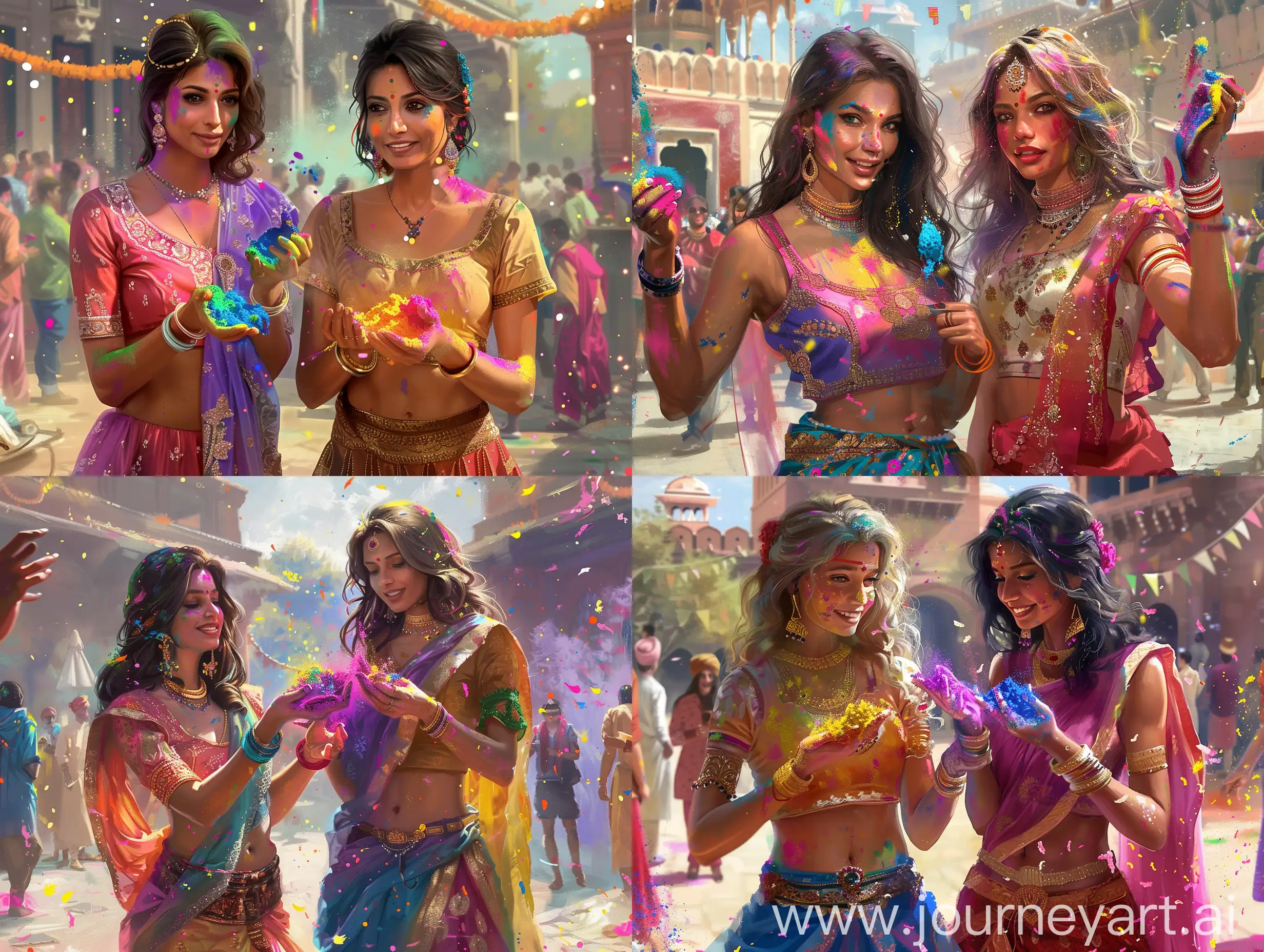 Western-and-Indian-Women-Celebrating-Holi-Festival-with-Vibrant-Powdered-Dyes