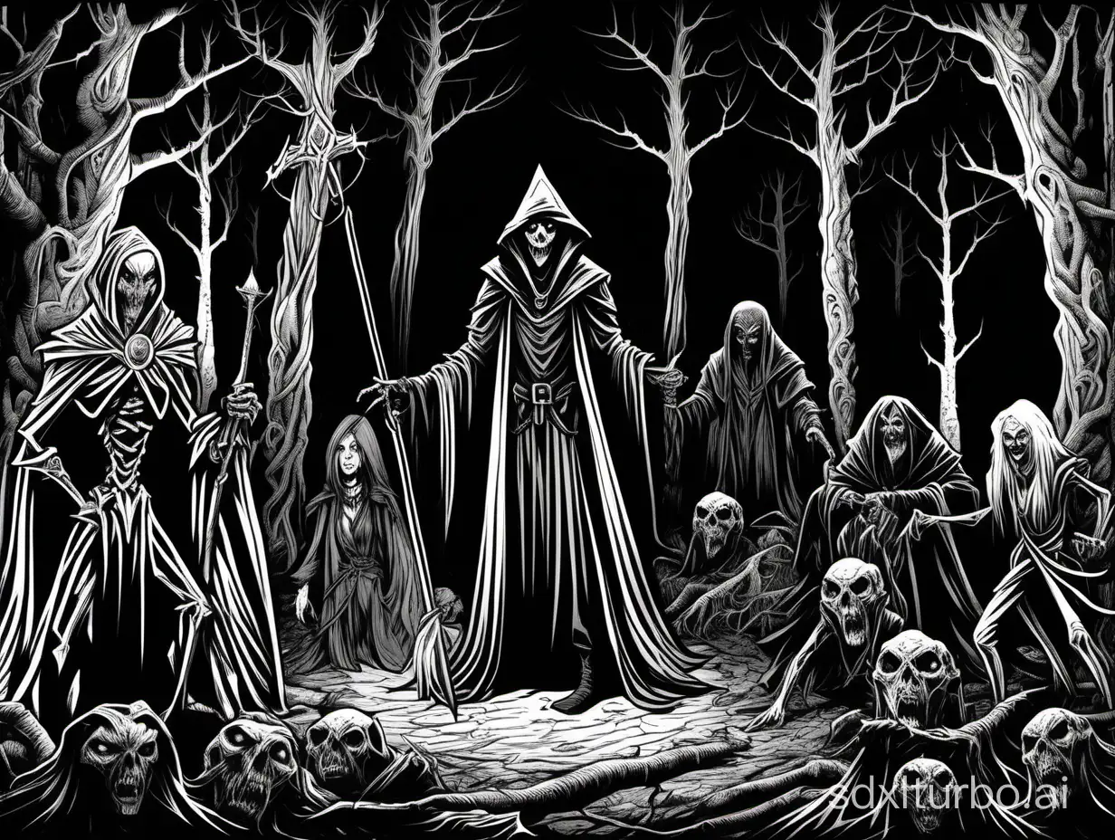 line art of Hilla the Dark, the sinister hag:drow:vampire:crone, a scarecrow:warlock, dark forest, wide shot, 1bit bw, black background, style of 1981 Basic Dungeons and Dragons, by David A. Trampier,