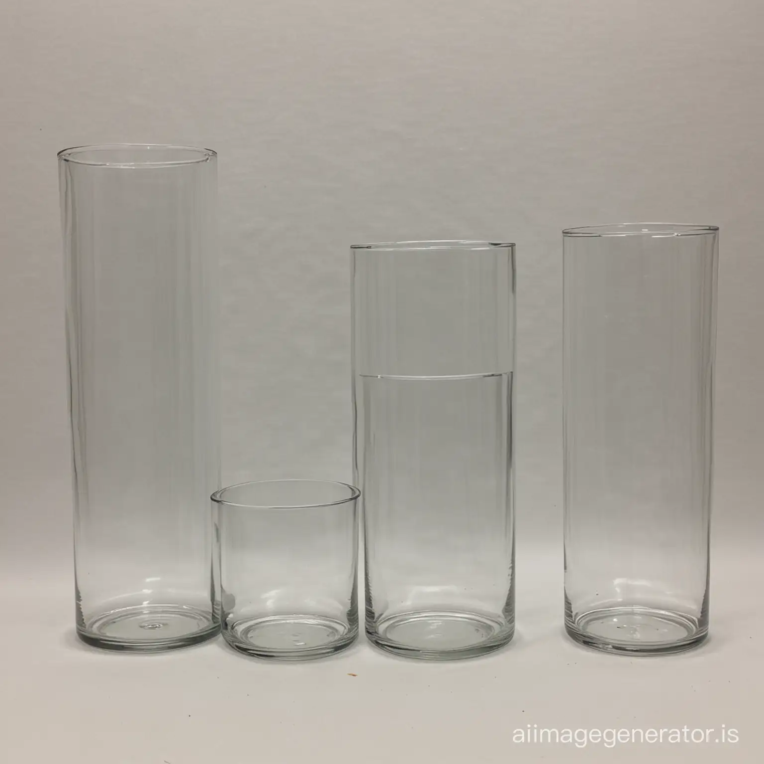 several clear glass cylinder vases of varying heights, all are about 3" wide and range from 3" tall to 24" tall and all vases are empty