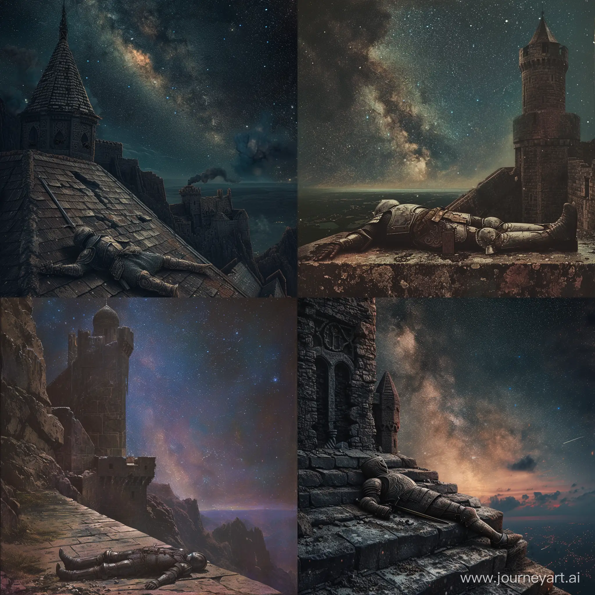  a knight lying taking its last breath in a Rooftop of a Citadel, solitary perch on the highest point of a fortress, view of the milky way in the sky, peaceful,1970's dark fantasy style, gritty, dark, vintage, detailed