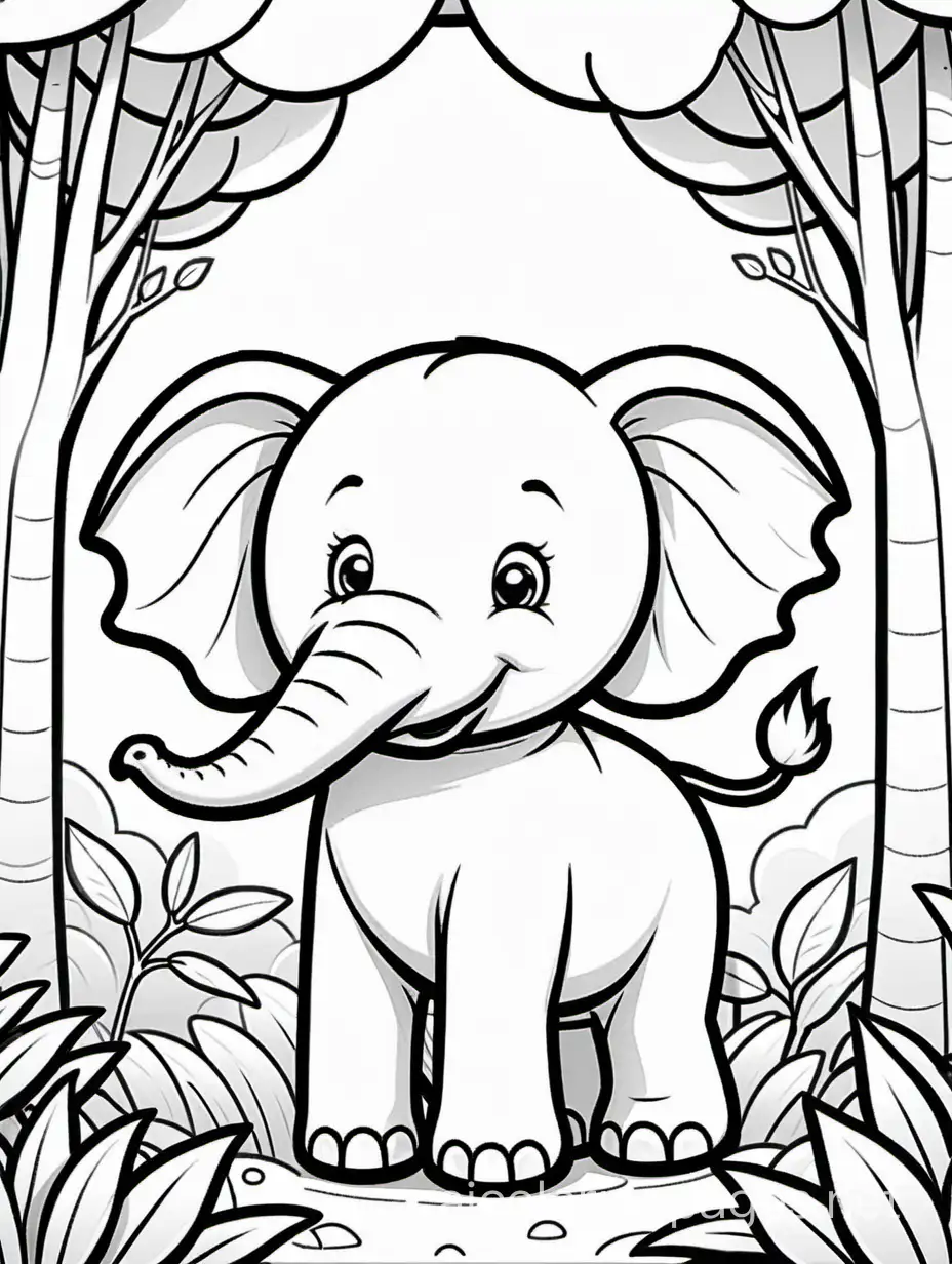 line art, illustration, white background, vectorize, cute elephant in a forest for kids to color, no shades, no colors, Coloring Page, black and white, line art, white background, Simplicity, Ample White Space. The background of the coloring page is plain white to make it easy for young children to color within the lines. The outlines of all the subjects are easy to distinguish, making it simple for kids to color without too much difficulty