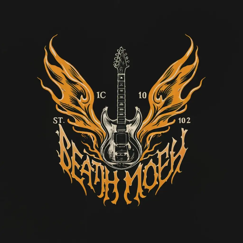 a logo design,with the text "Death Moth Merch.", main symbol:Guitar in flames,complex,clear background
