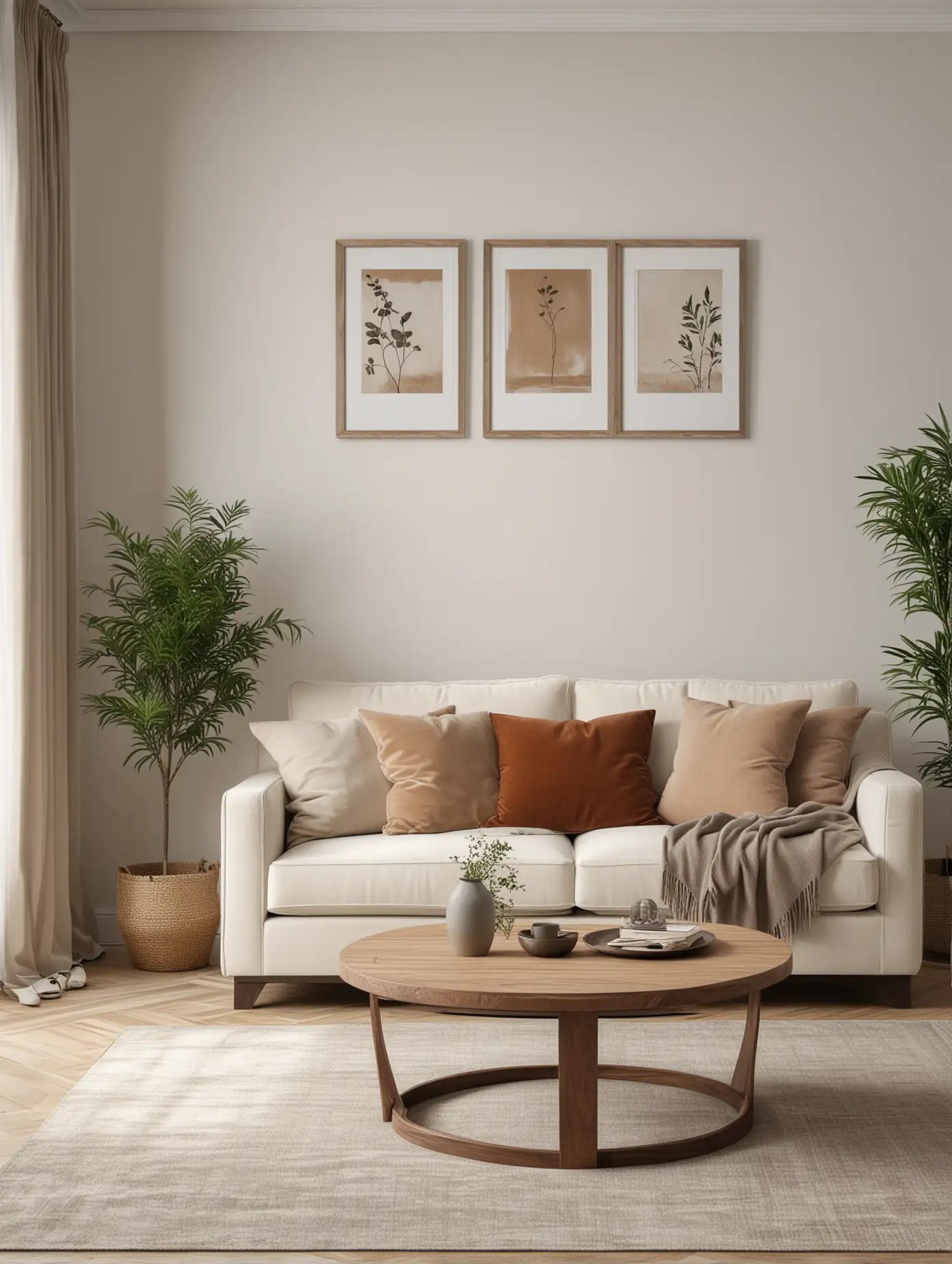 EarthToned Velvet Sofa Living Room with Distressed Wooden Frames
