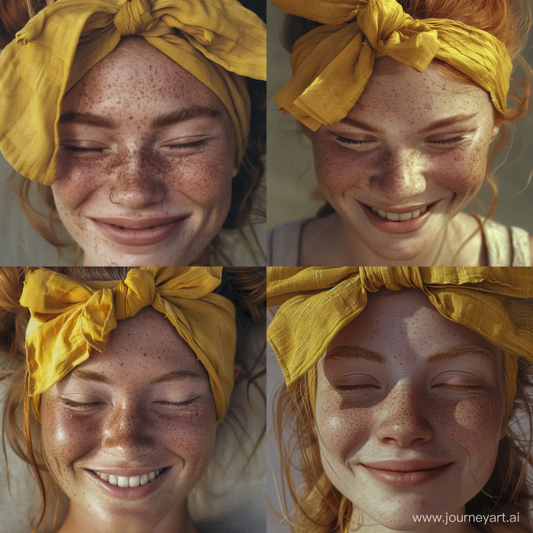 high-resolution, close-up image of a  a young woman with light skin. Her hair is tied up with a yellow headband that has a bow on the top. She has visible freckles across her face, which add to her cheerful expression. The woman has her eyes closed tightly as she smiles, indicating a moment of genuine joy or amusement. The tight closure of her eyes has caused wrinkles or "crow's feet" to appear at the outer edges, which is common in such expressions.


