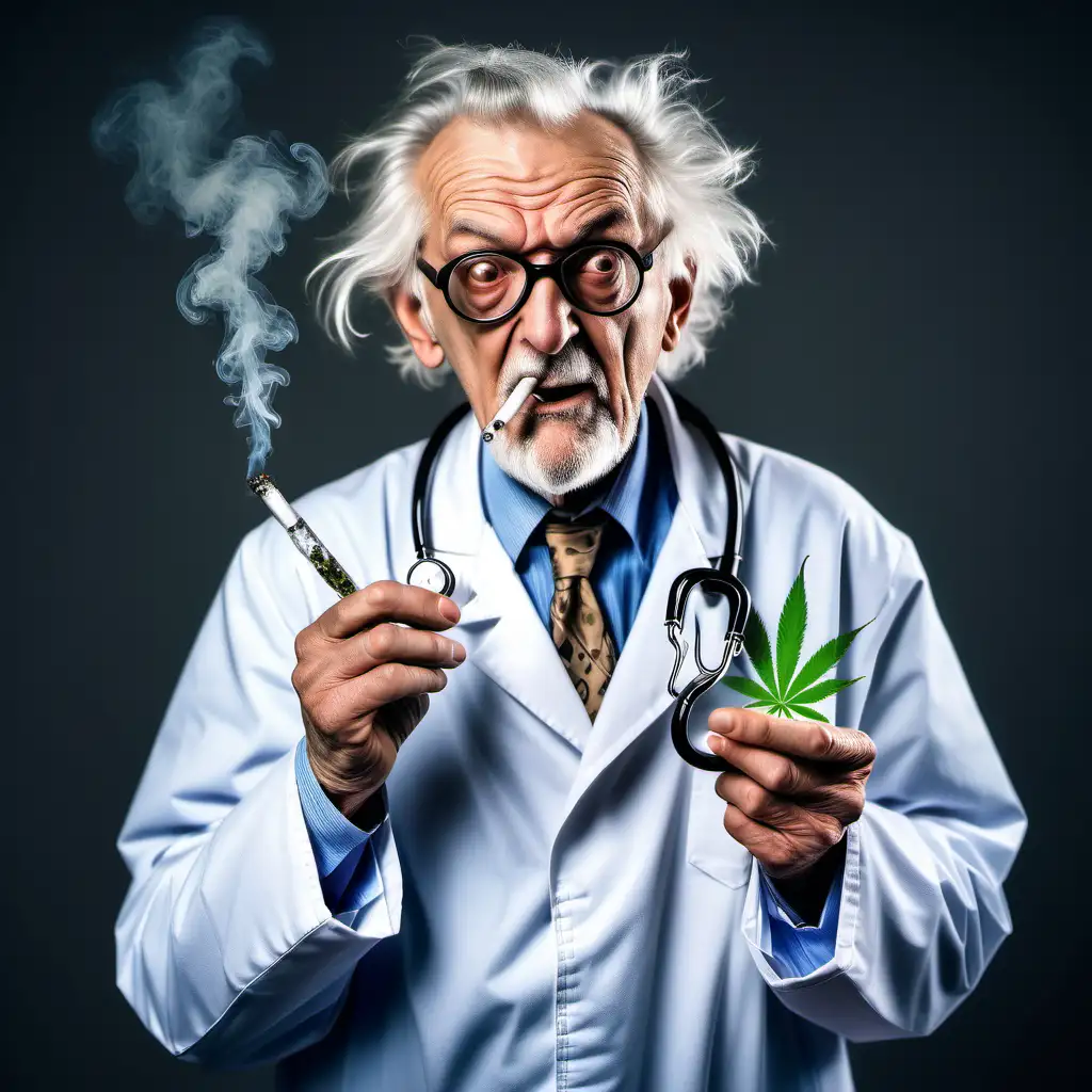 a funny crazy old man doctor wearing a stethoscope and a white doctor's coat smoking marijuana 