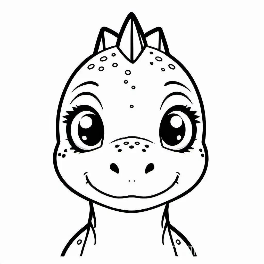Baby dinosaur face front , Coloring Page, black and white, line art, white background, Simplicity, Ample White Space. The background of the coloring page is plain white to make it easy for young children to color within the lines. The outlines of all the subjects are easy to distinguish, making it simple for kids to color without too much difficulty