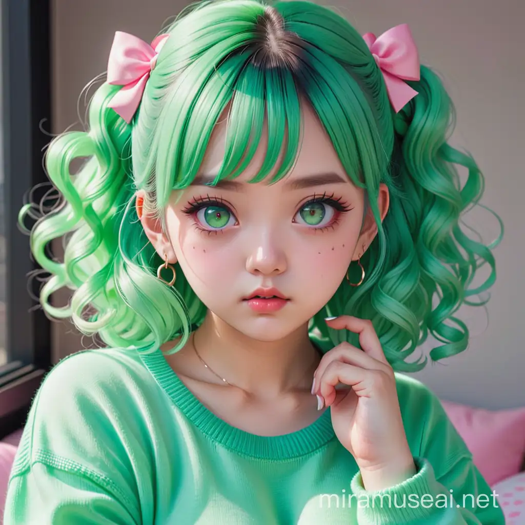 Light green hair in ringlet curls , cute girl ,chubby , small bows ,angry , pink eyes , thick pointed douyin slashes , dolly , cute , kawaii , douyin chinese girl , small , cute , chubby , big boobs , cyan green sweater