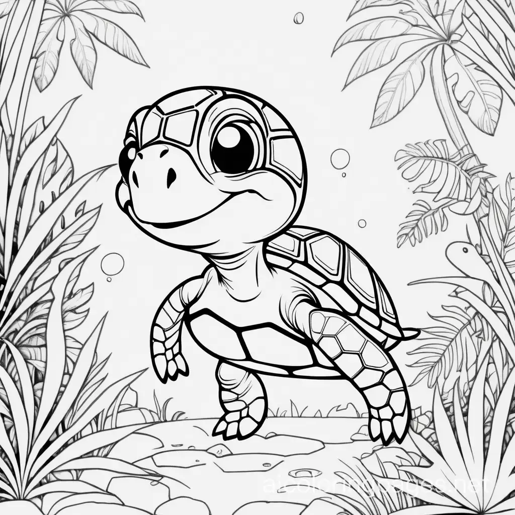 cute baby turtle in the jungle, use only rgb# 000000 and rgb# ffffff only, do not use any shades of gray, do not use any gray, do not use color, no shadows, Coloring Page, black and white, line art, white background, Simplicity, Ample White Space. The background of the coloring page is plain white to make it easy for young children to color within the lines. The outlines of all the subjects are easy to distinguish, making it simple for kids to color without too much difficulty