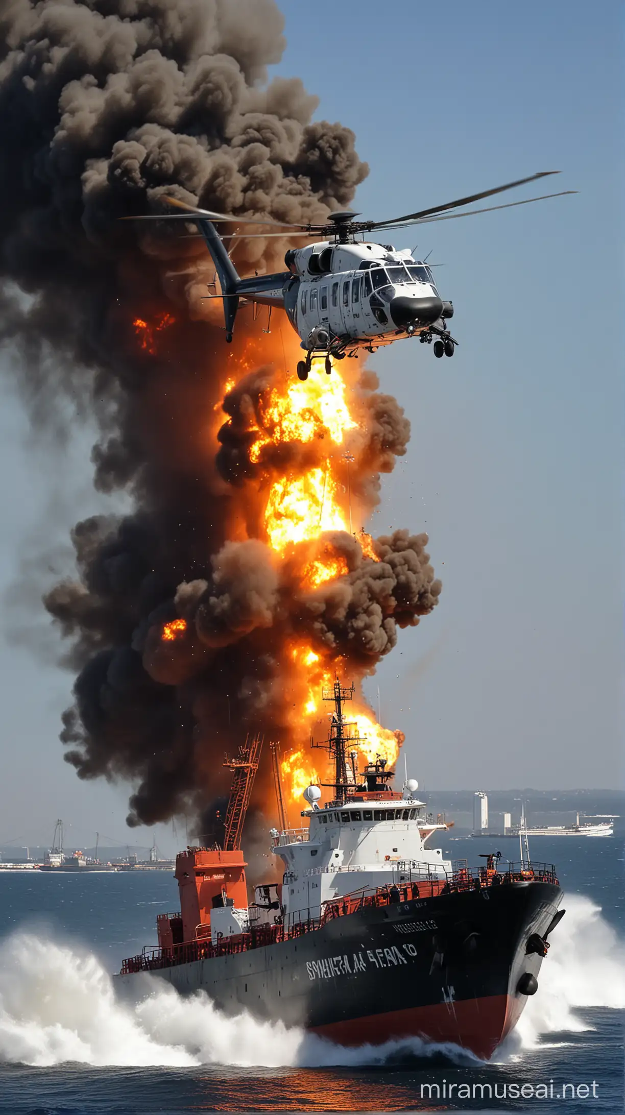 ,helicopter,rescue,cargo ship,explosion