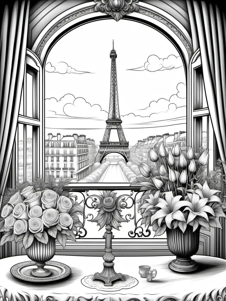 clean black and white, intricate, adult coloring page, white background, french flower arrangement in French Louis XVI Style Ormolu and Porcelain Vase containing tall arrangement of flowers native to france sitting next to an interior window on a table, decorative items on table, 2D, vector line drawing, detailed black and white france city scene with Eiffel tower behind the window, flowers are the focal point of the image