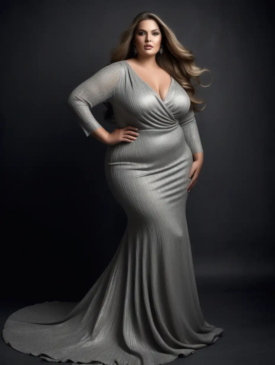 Stylish Plus Size Latina Model in Silver Metallic Evening Gown