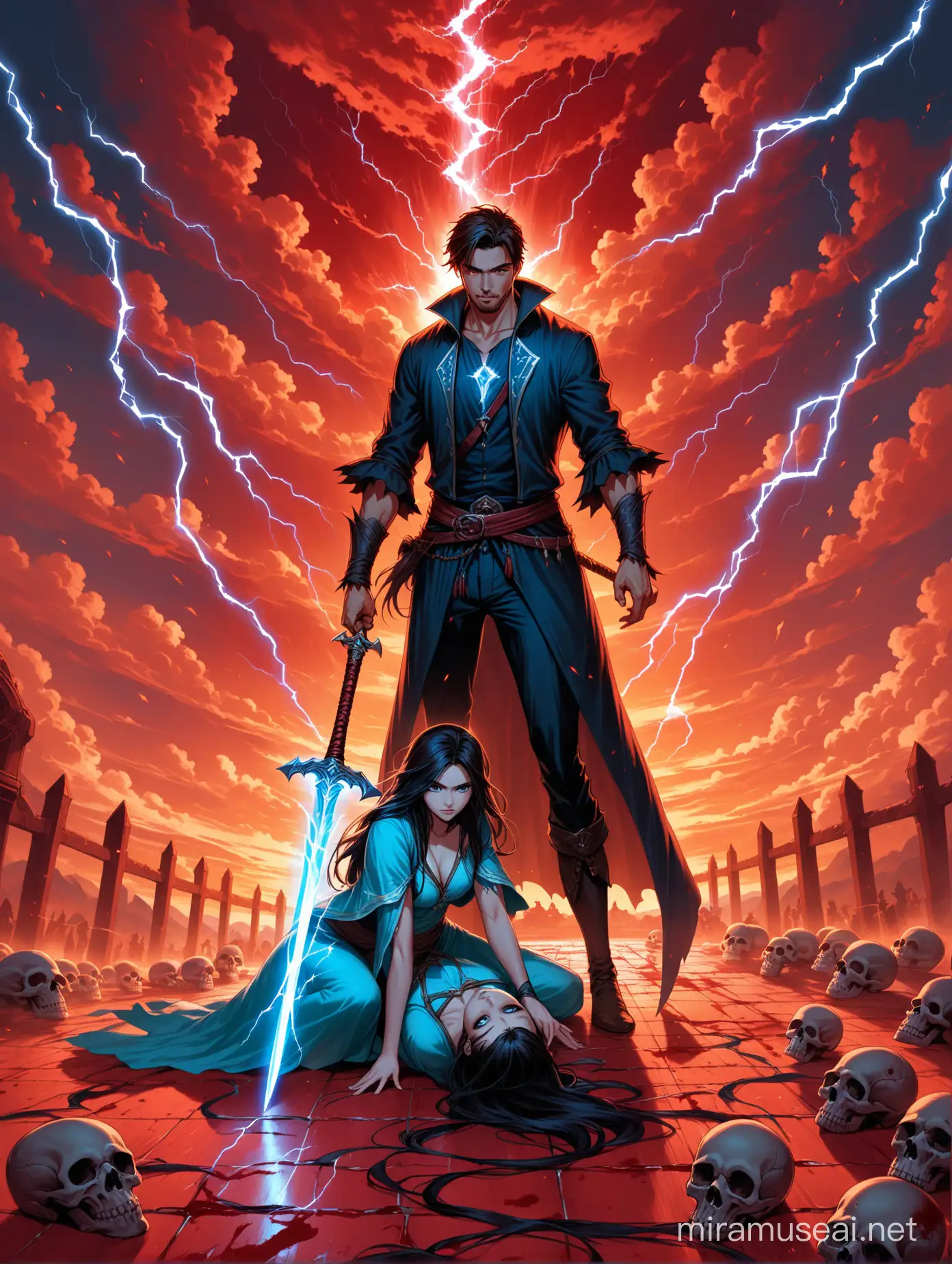 A handsome young man with a powerful sword and blue lightning striking all around him, with a young pretty sorceress and skulls on the floor, with a bloody red sky.