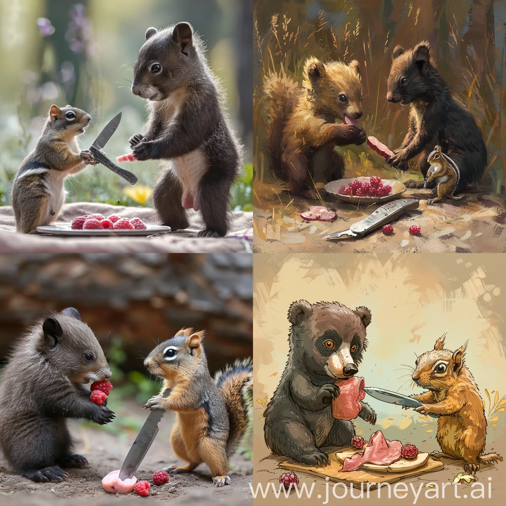 Forest-Feast-Bear-Cub-Enjoying-Ham-with-Raspberry-and-Agile-Ground-Squirrel-with-Stolen-Pocket-Knife