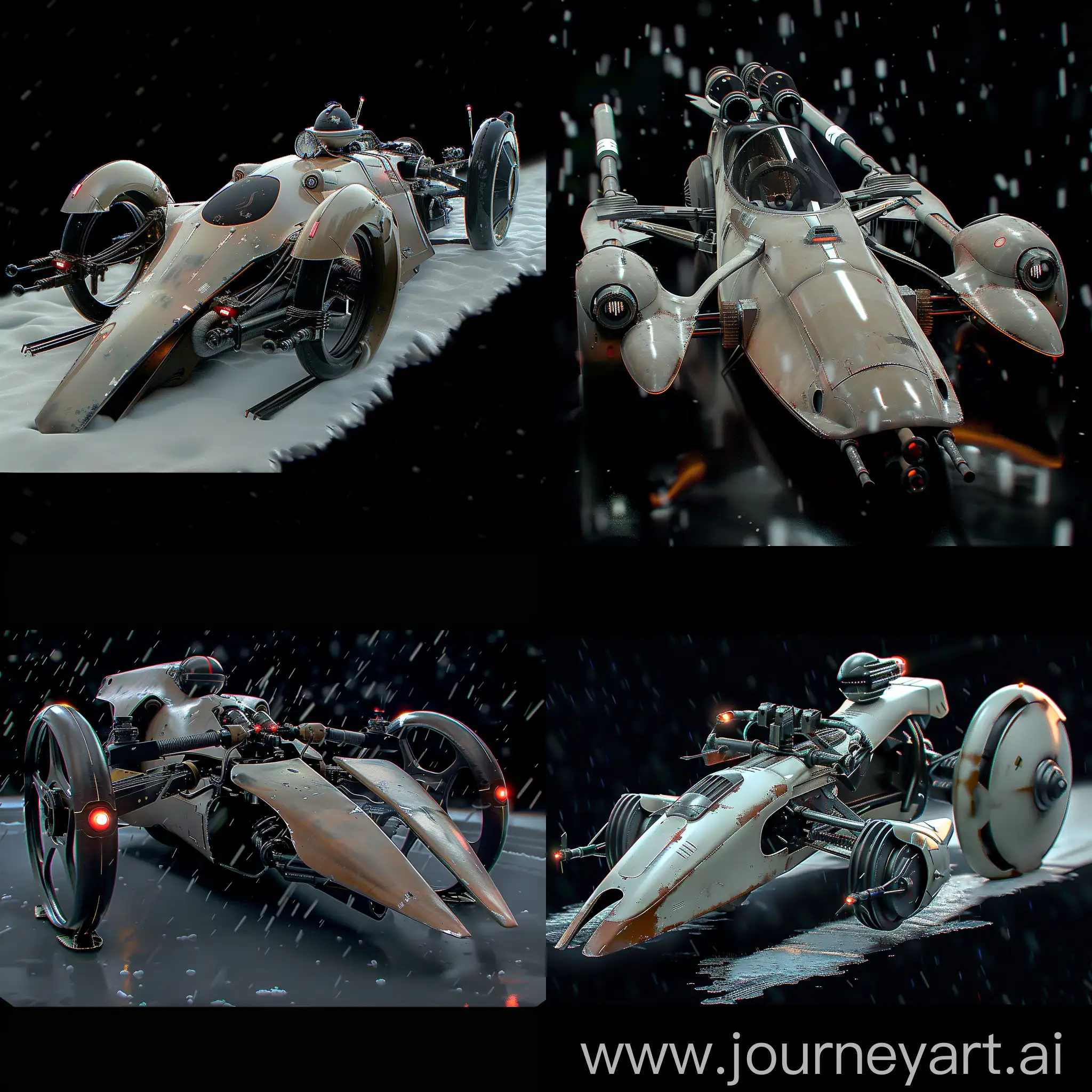 Futuristic Star Wars Speeder bike https://static.wikia.nocookie.net/starwars/images/4/41/74Zspeederboke-TCWBRBD2.png/revision/latest?cb=20131003050004, Electric propulsion, Regenerative braking, Lightweight materials, Aerodynamic design, Energy-efficient lighting, Recycled components, Smart energy management system, Self-charging capabilities, Emission-reducing technology, Eco-friendly paint and finishes, Holographic display, Artificial intelligence integration, Augmented reality windshield, Voice command system, Advanced sensors, Autonomous driving mode, Adaptive suspension system, Energy shield technology, Wireless charging capabilities, Integrated biometric sensors, Droid companion, Multi-functional control panel, Integrated comlink system, Holoprojector, Weapon systems, Stealth mode, Environmental control system, Emergency beacon, Storage compartments, Astromech socket, octane render --stylize 1000