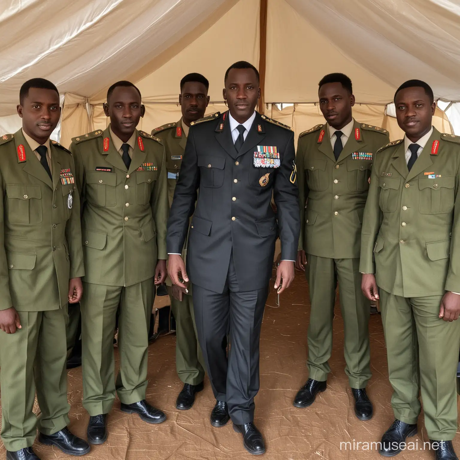 Kenyan defence forces personnels wearing their uniform in a tent and another black man wearing a suit in between them, they must all be black