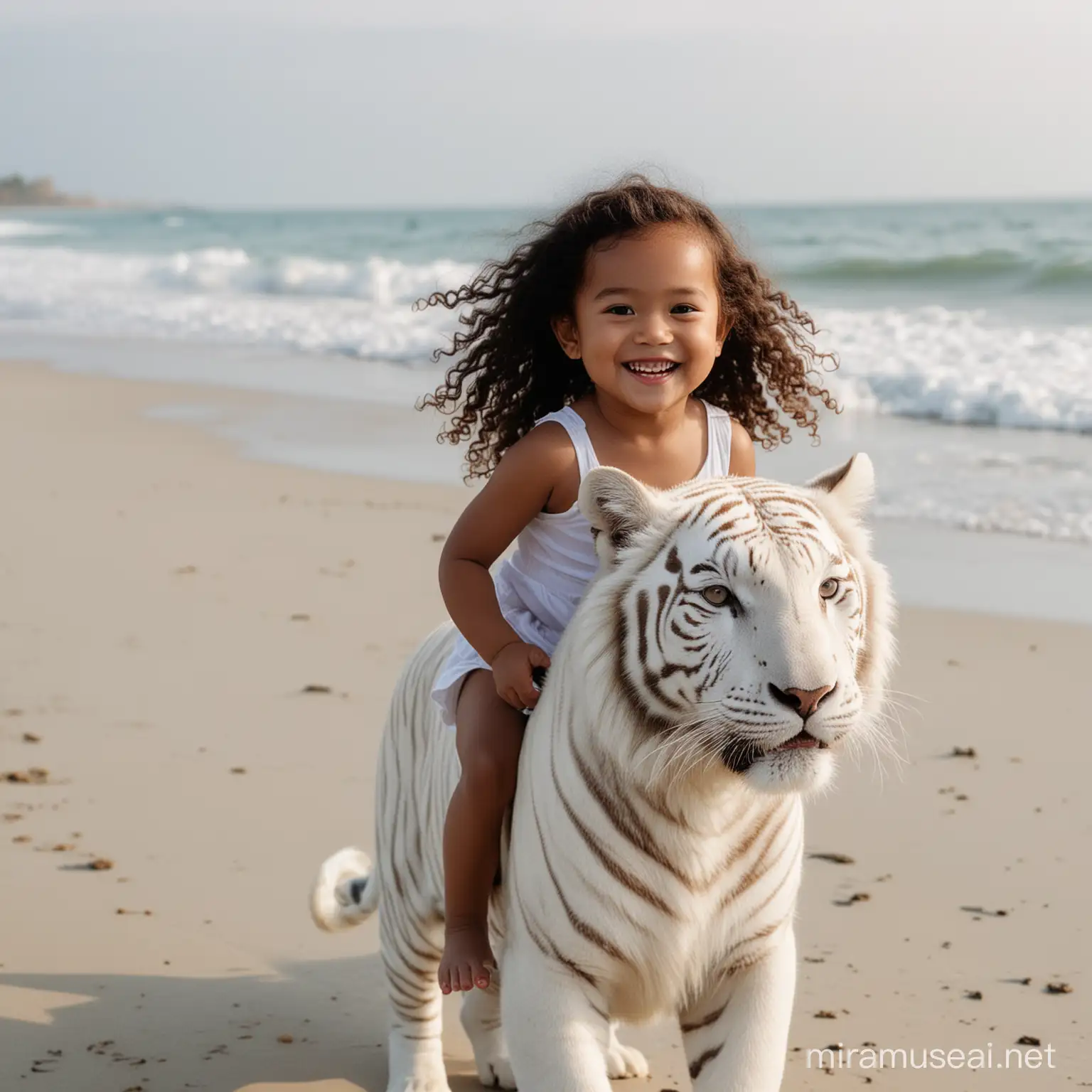 Smiling Indonesian Baby Girl Riding White Tiger on Beach