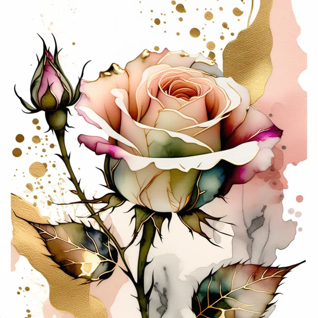 Delicate rose buds, magnificent, muted watercolor and alcohol ink with gold accents., poster, painting, illustrationv0.2