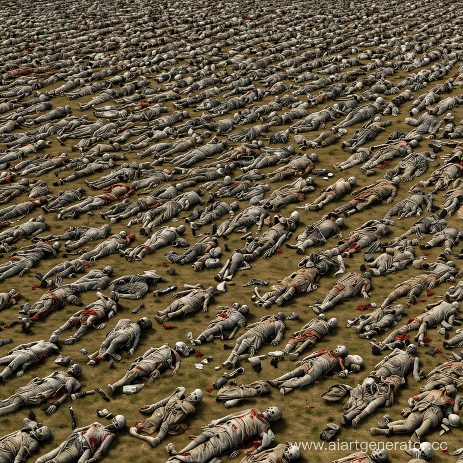 a bunch of dead people in a huge field, very detailed.