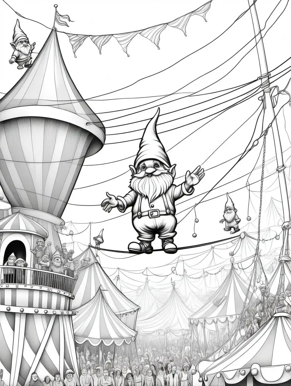 coloring page for adults, gnome walking on high wire act at crowded circus , thick lines, low detail, no shading,
