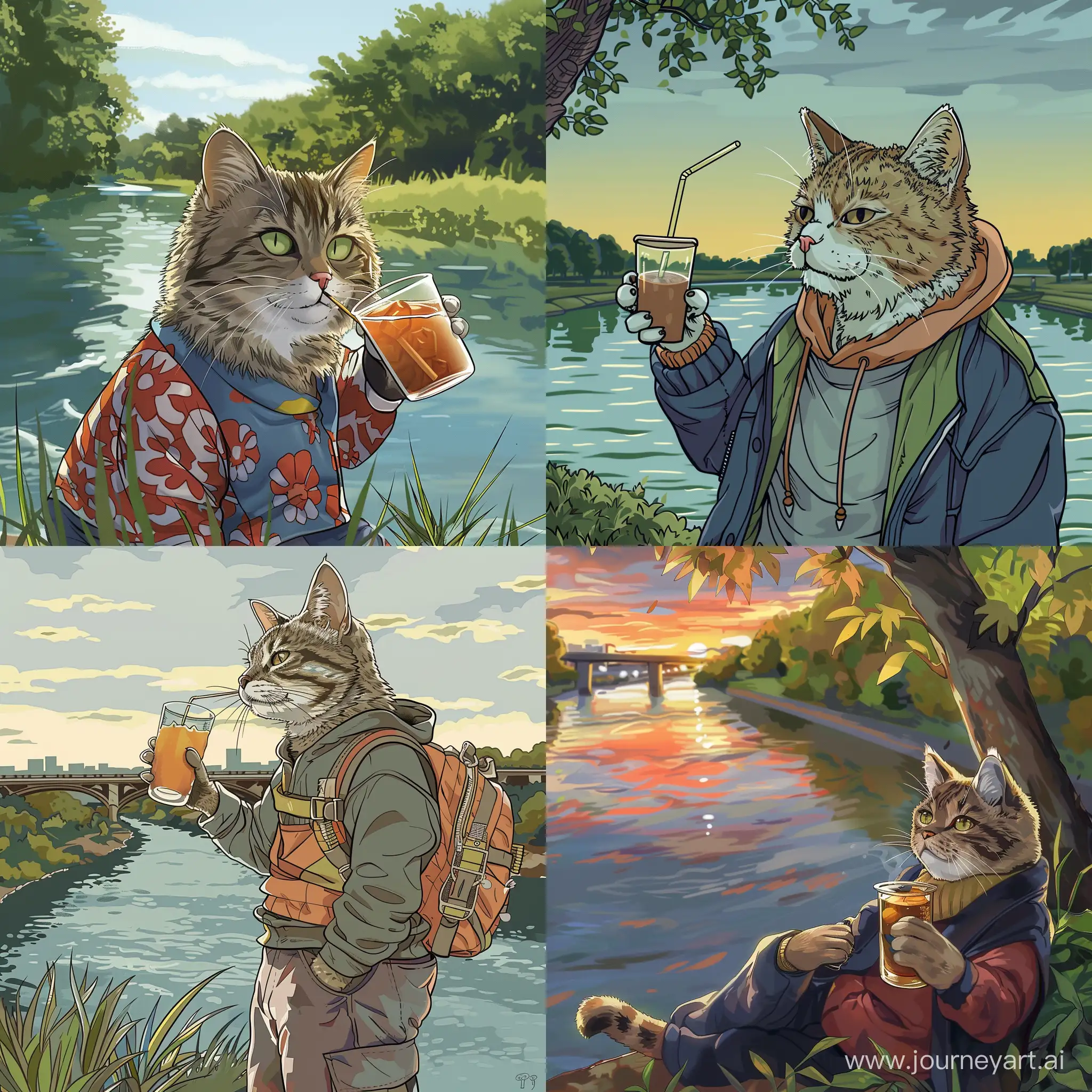 一只猫穿着卡通装在中午的河边喝着饮料