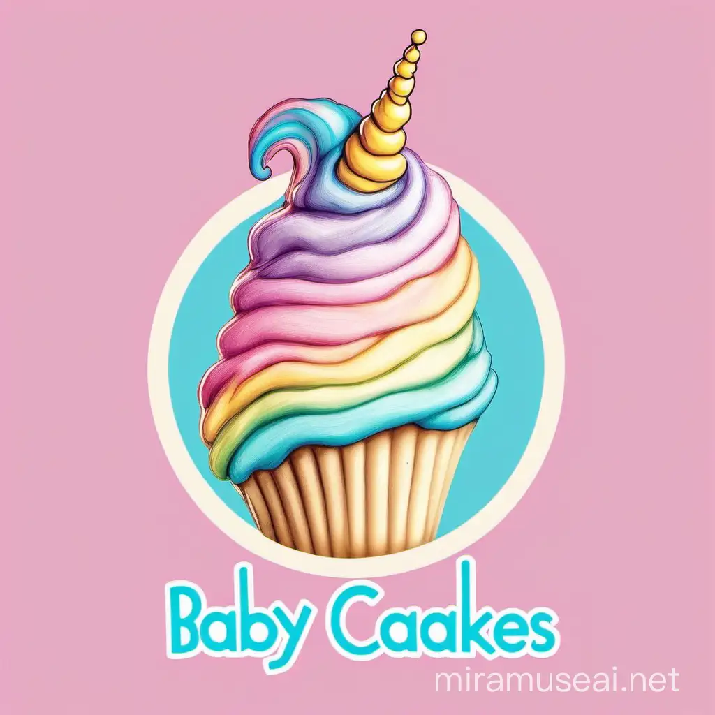 make a logo for a baby and toddler clothing line called "Baby Cakes" , no words in picture , dr. Seuss style picture, cake with melting frosting , pastel unicorn colors,
